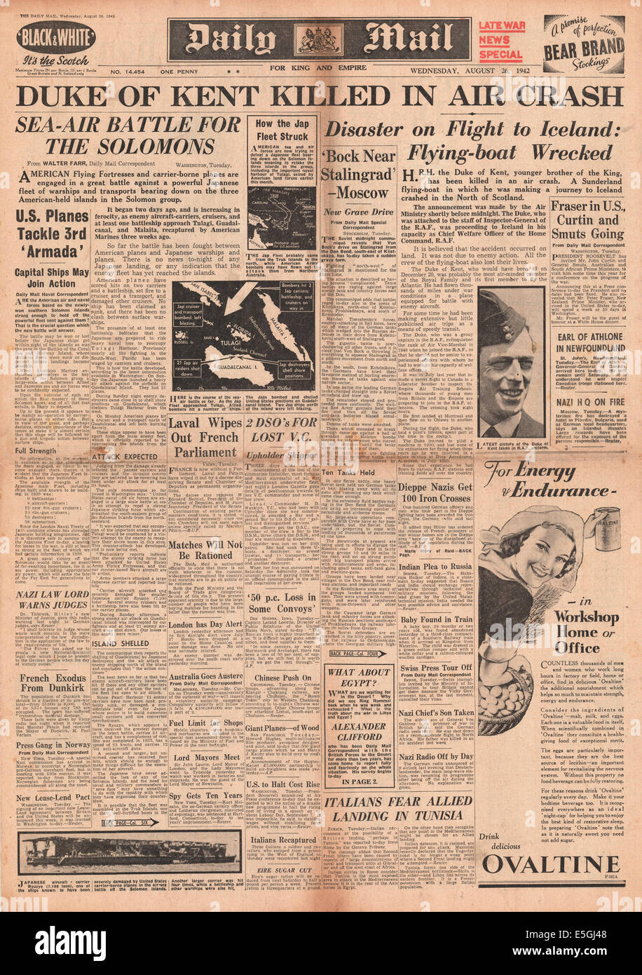 1942 Daily Mail front page reporting the eath of Duke of Kent in plane crash Stock Photo