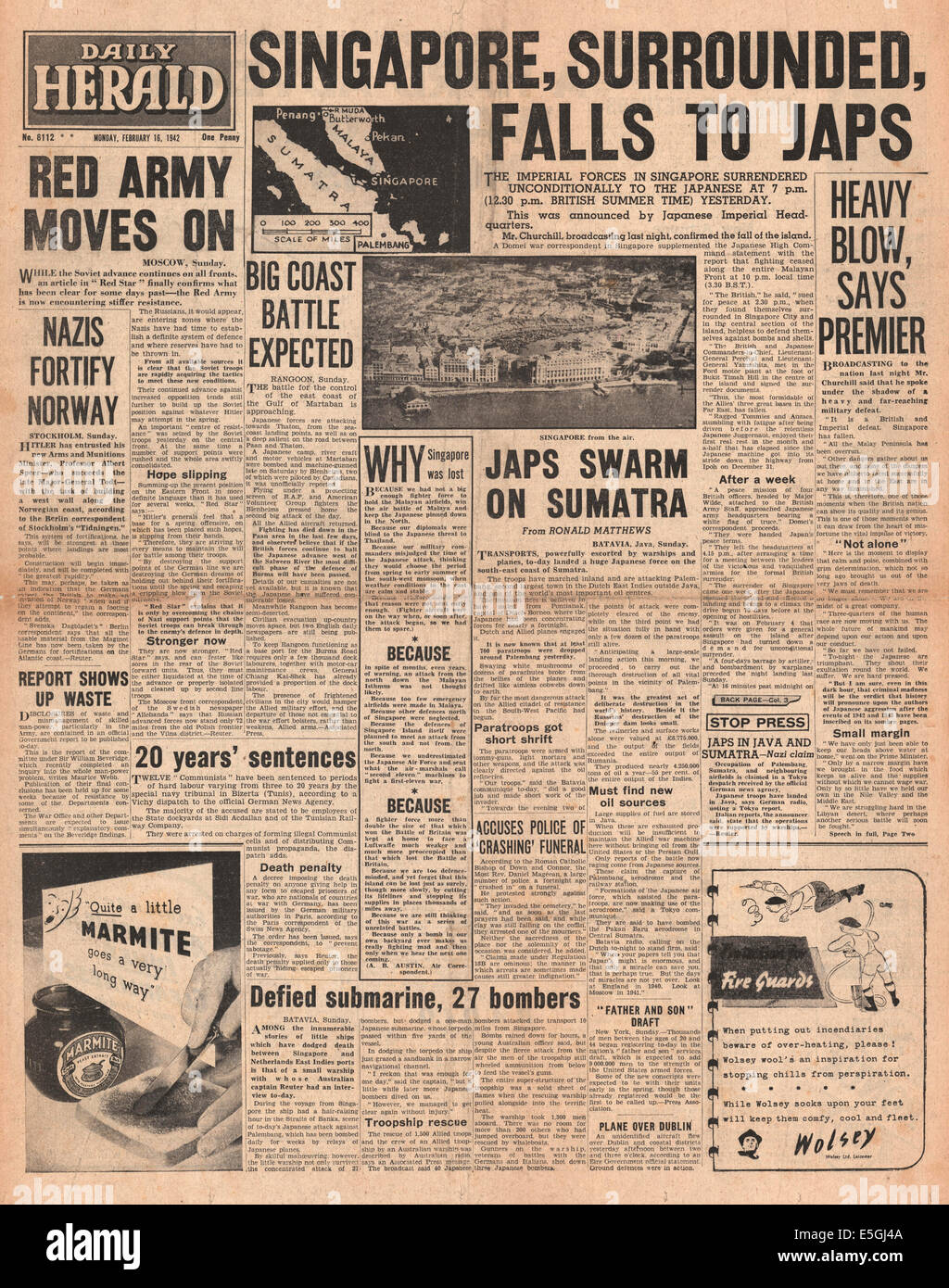 1942 Daily Herald front page reporting the fall of Singapore to the