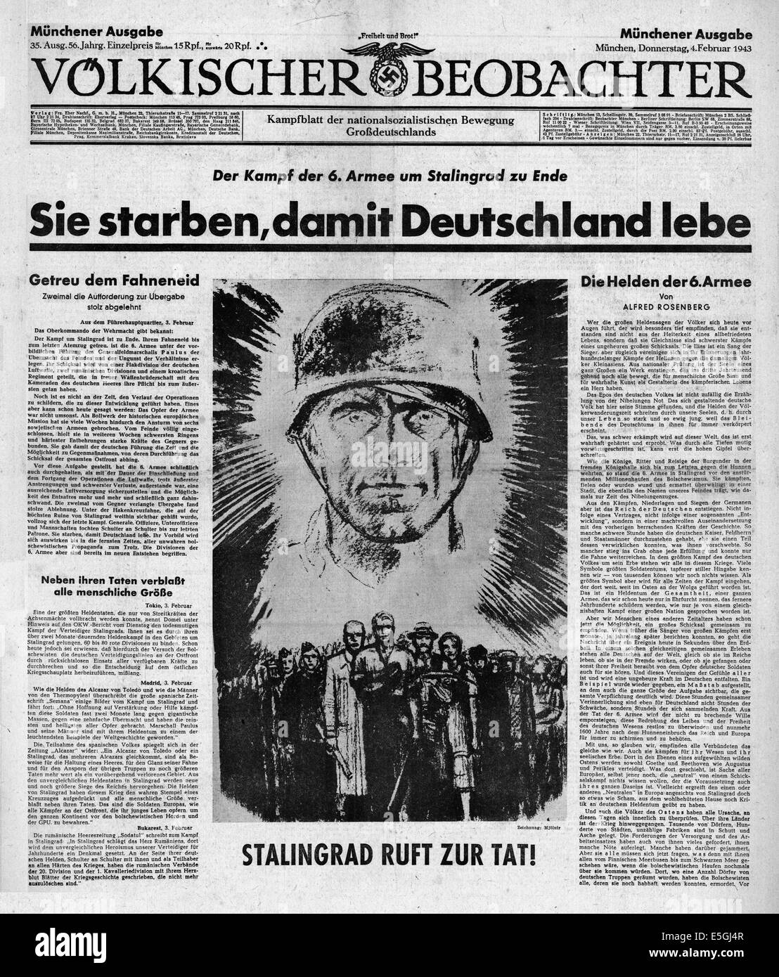 1943 Volkischer Beobachter (Germany) front page reporting the German Army defeat at Stalingrad Stock Photo