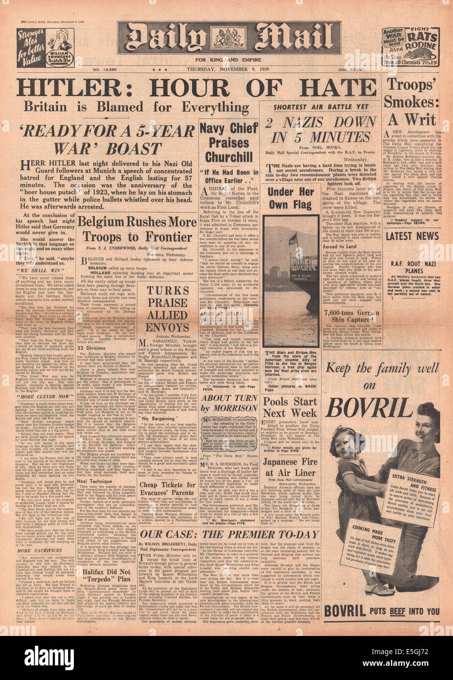 1939 Daily Mail front page reporting Adolf Hitler speech at the Bürgerbräukeller in Munich Stock Photo