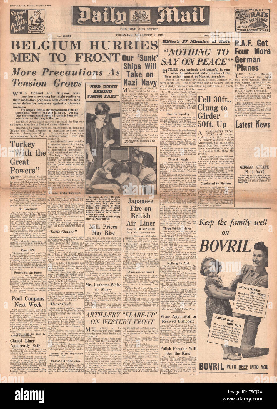 1939 Daily Mail front page reporting  Belgium and Holland take measures against invasion Stock Photo