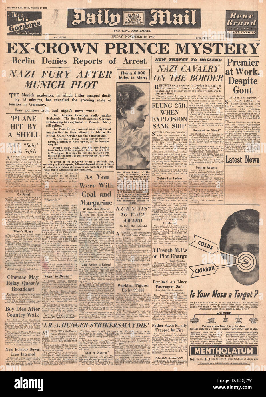 1939 Daily Mail front page reporting the alleged arrest of ex-Crown Prince Wilhelm of Germany after the assassination attempt on Hitler at the Bürgerbräukeller in Munich Stock Photo