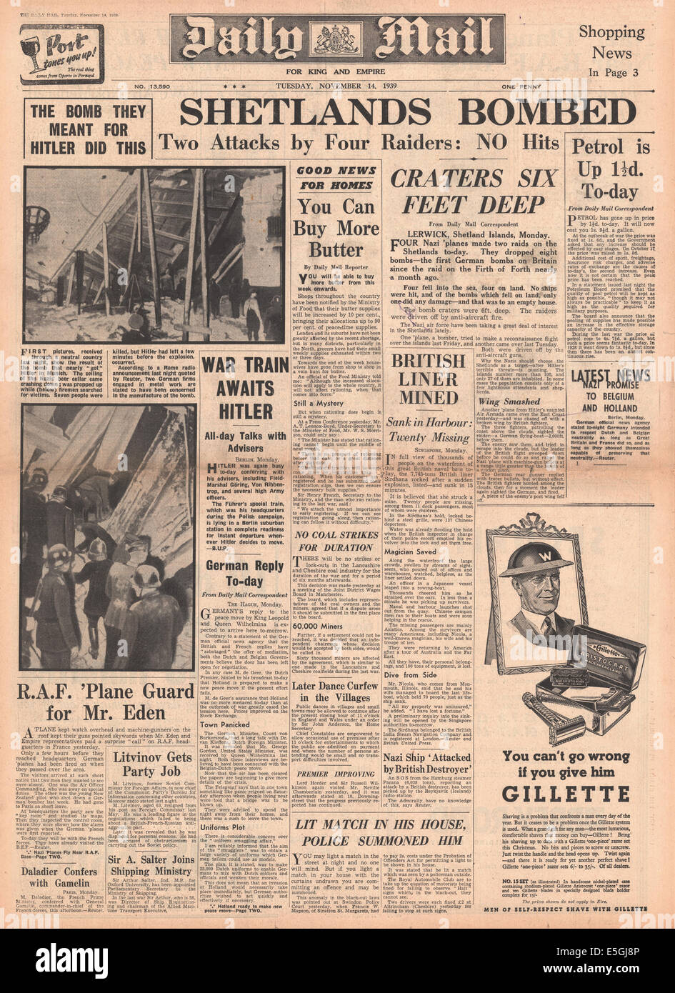 1939 Daily Mail front page reporting Luftwaffe bomb the Shetland Islands and the Bürgerbräukeller in Munich Stock Photo