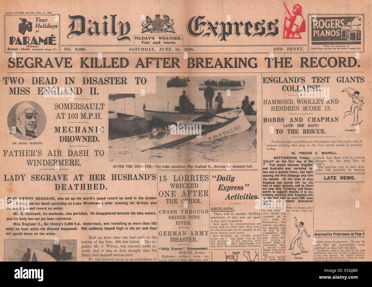 1930 Daily Express front page reporting Sir Henry Seagrave killed