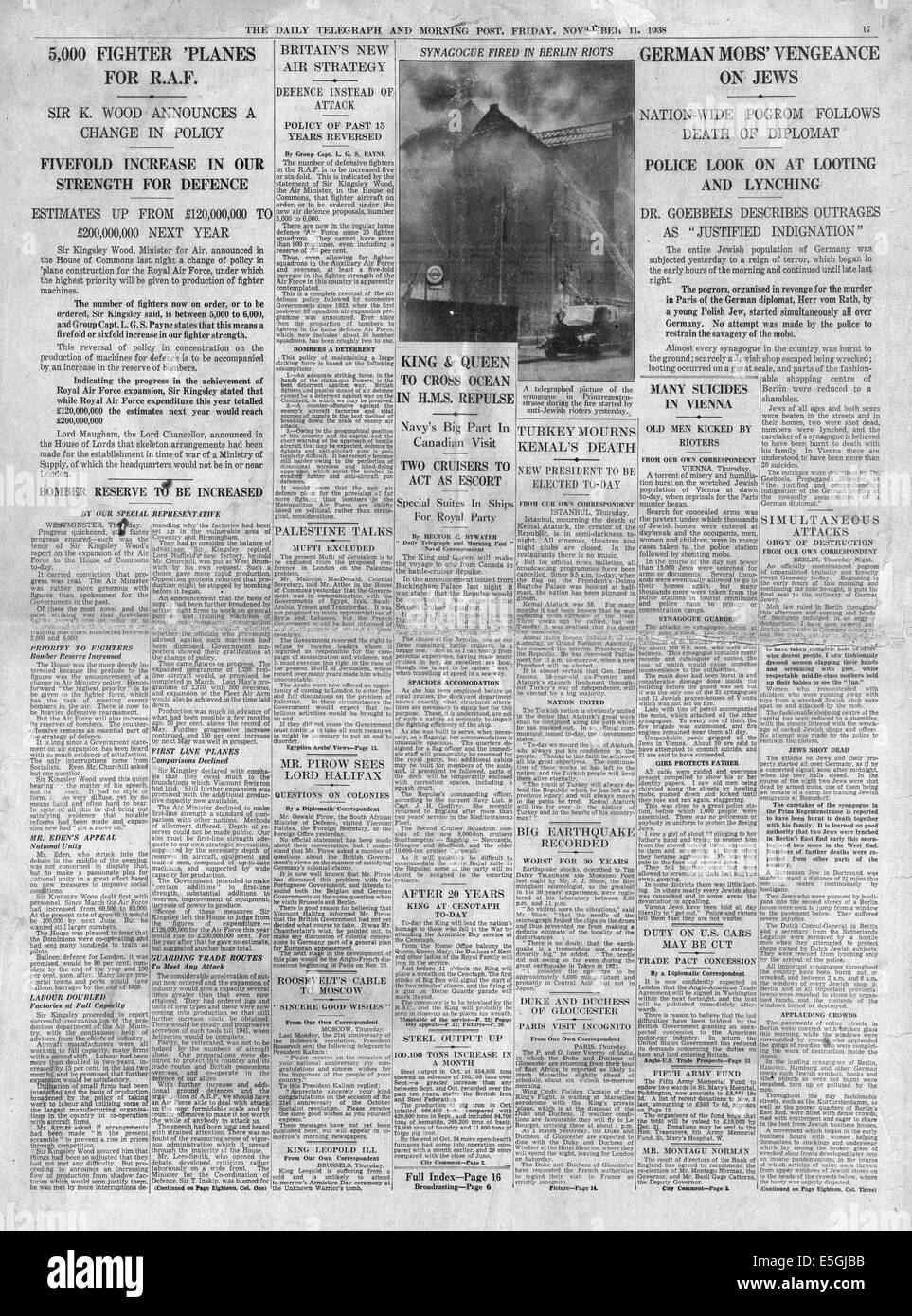 1938 Daily Telegraph page 17 reporting attacks on Jewish properties across Germany on Kristallnacht Stock Photo