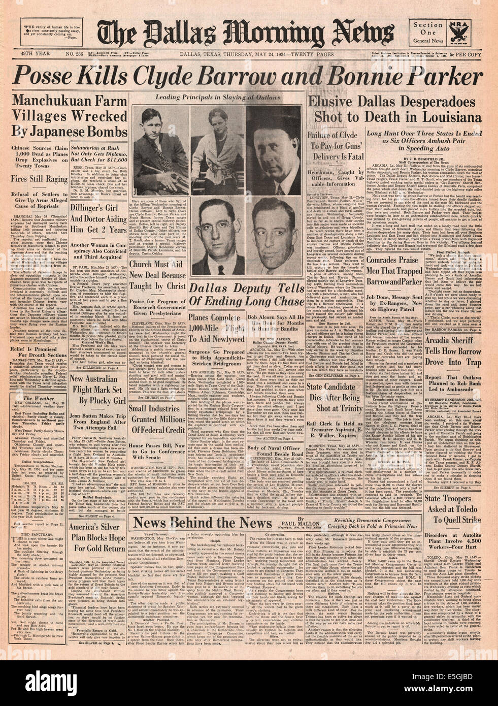 1934 Dallas Morning News (USA) front page reporting death of Bonnie and Clyde Stock Photo