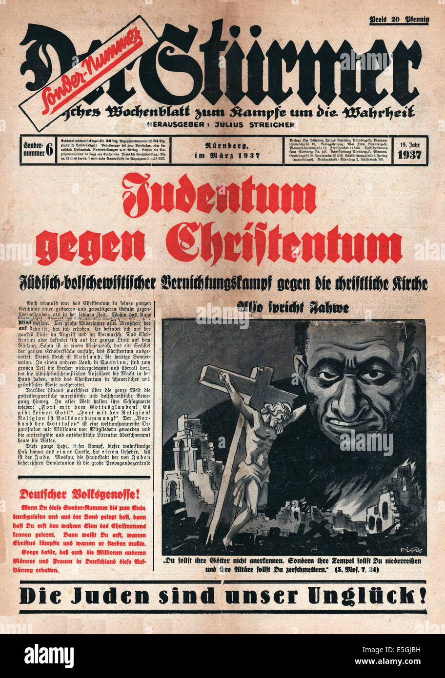 1937 Der Sturmer (Germany) front page anti-semetic Nazi newspaper with headline 'Judaism against Christianity' Stock Photo