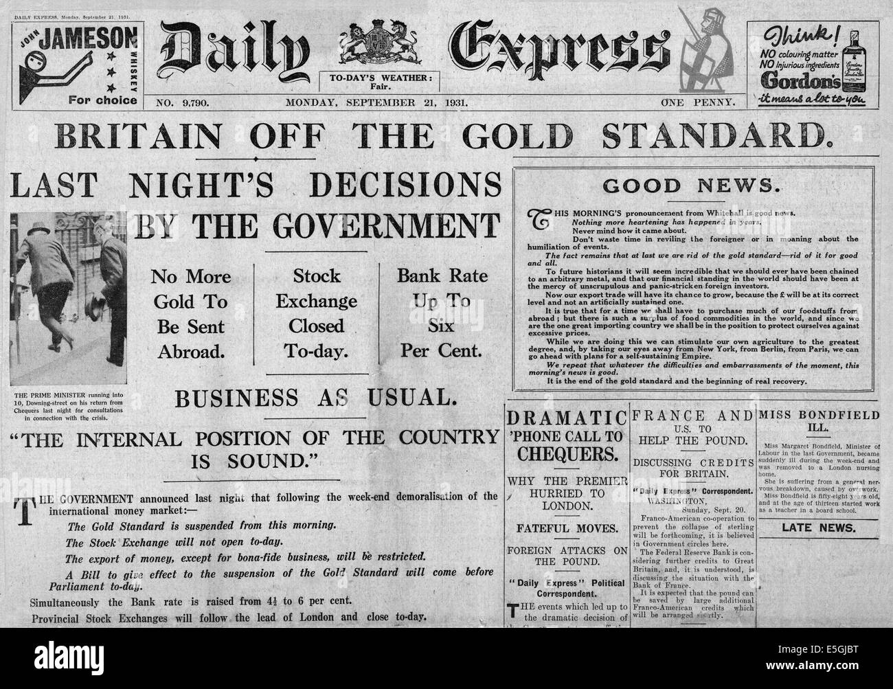 1931 Daily Express front page reporting Britain off the Gold Standard