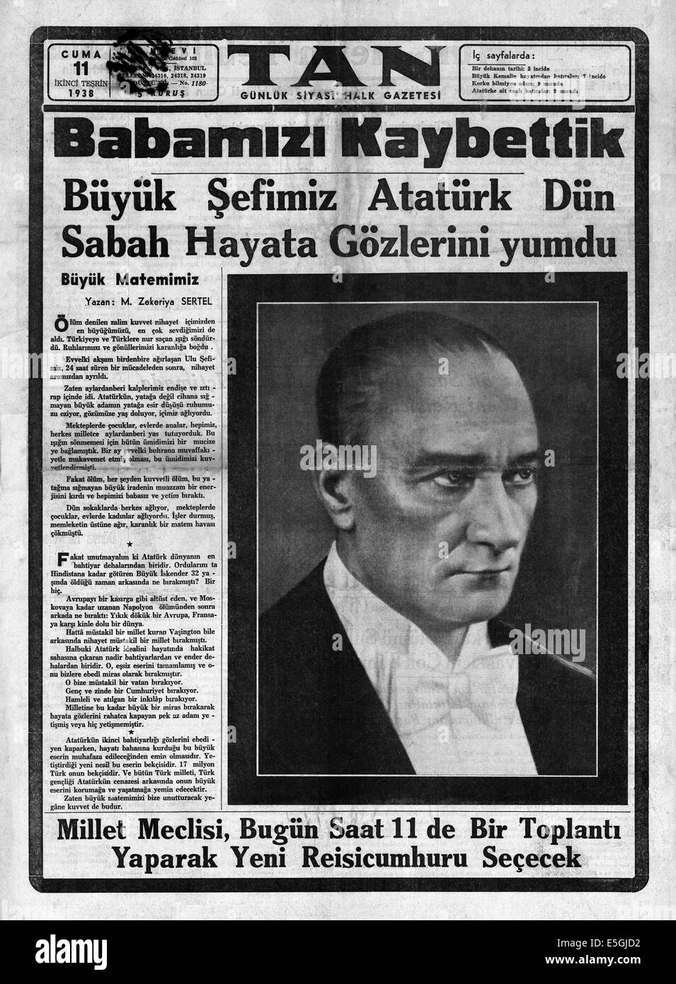 1938 TAN (Turkey)  front page reporting death of Mustafa Kemal Atatürk, Turkey's first President Stock Photo