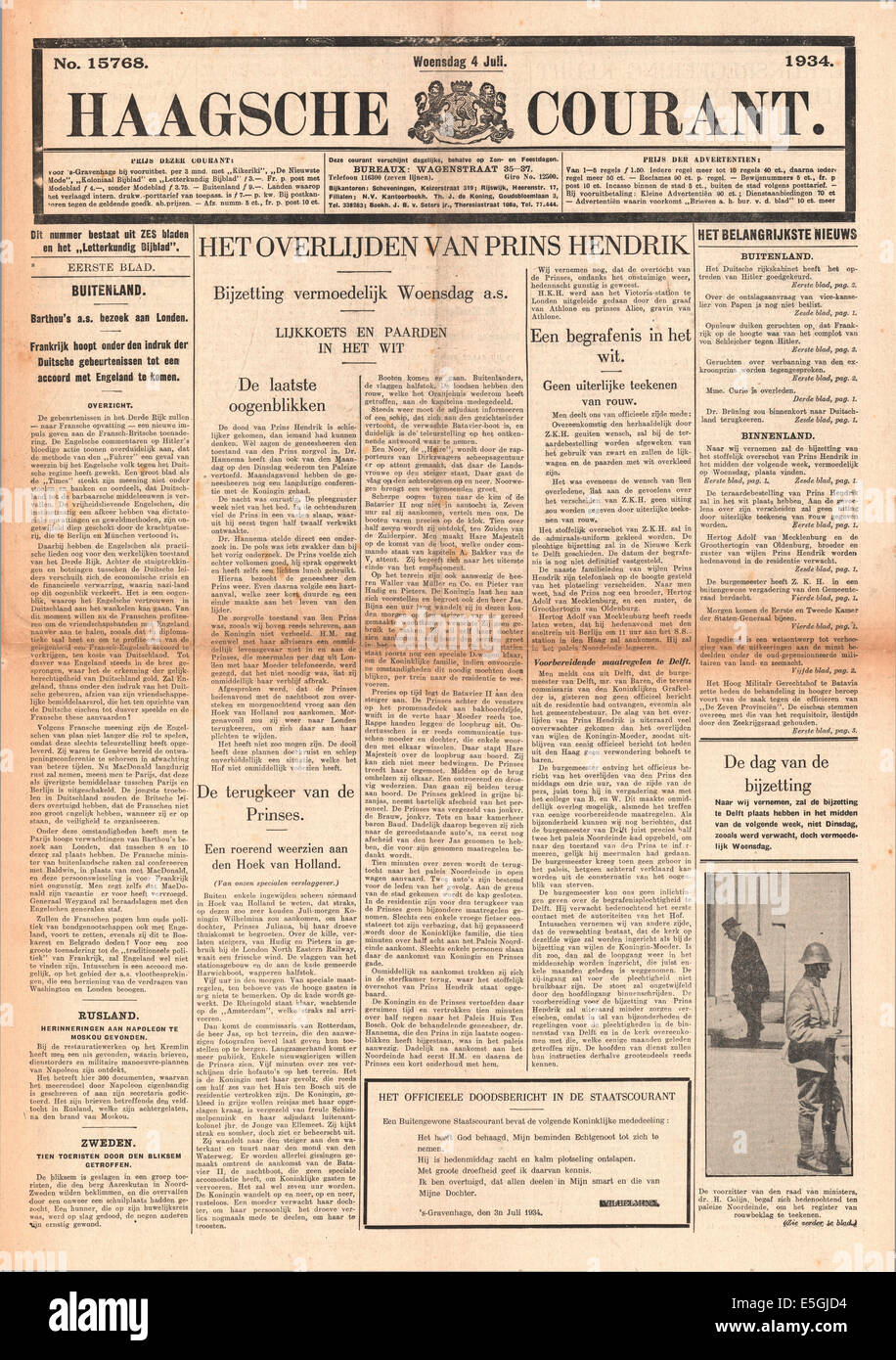 1934 Haagsche Courant (Holland) death of Prince Hendrik of The Netherlands Stock Photo