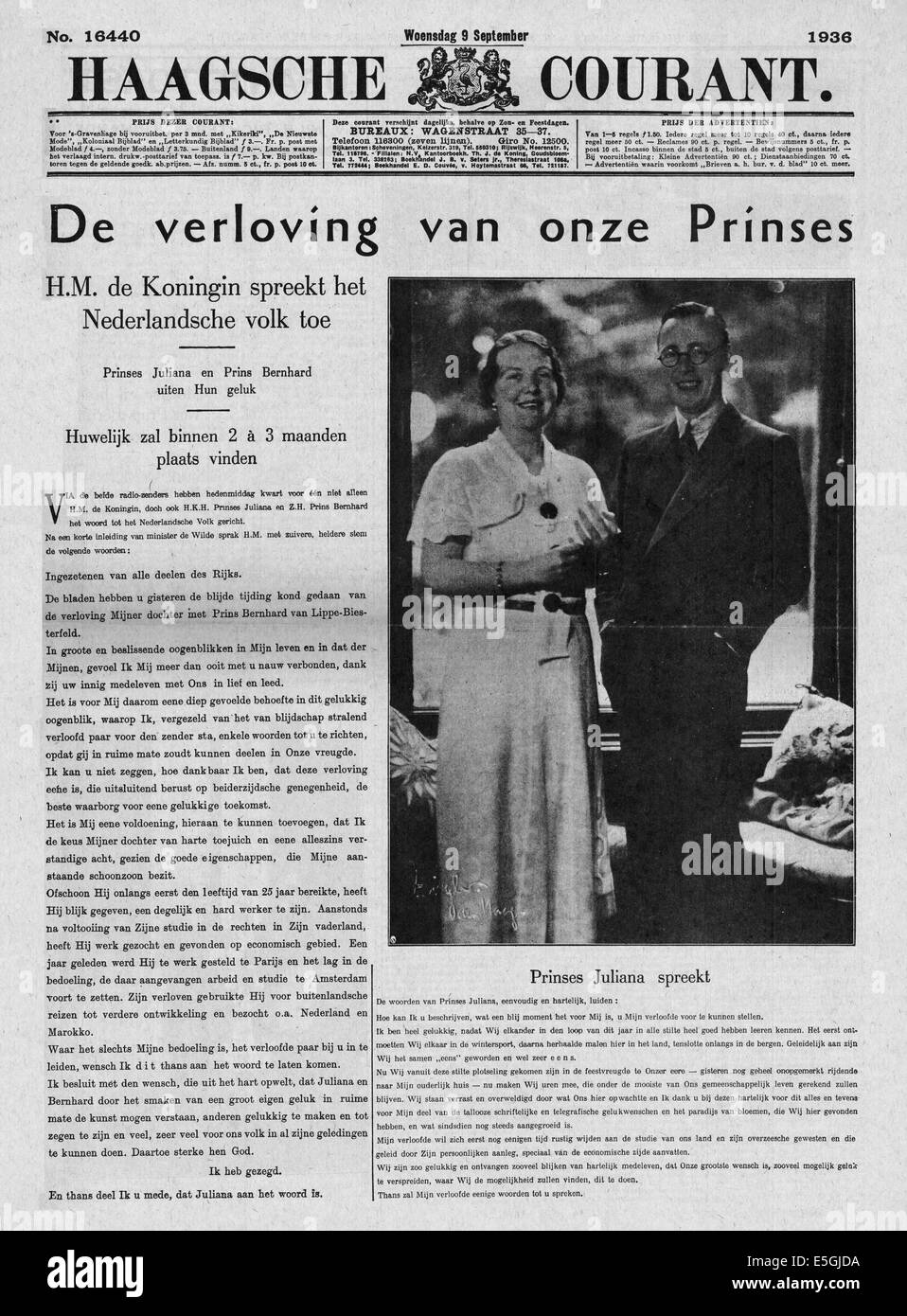 1936 Haagsche Courant (Holland) front page reporting the engagement of  Princess Juliana of The Netherlands and Prince Bernhard Stock Photo