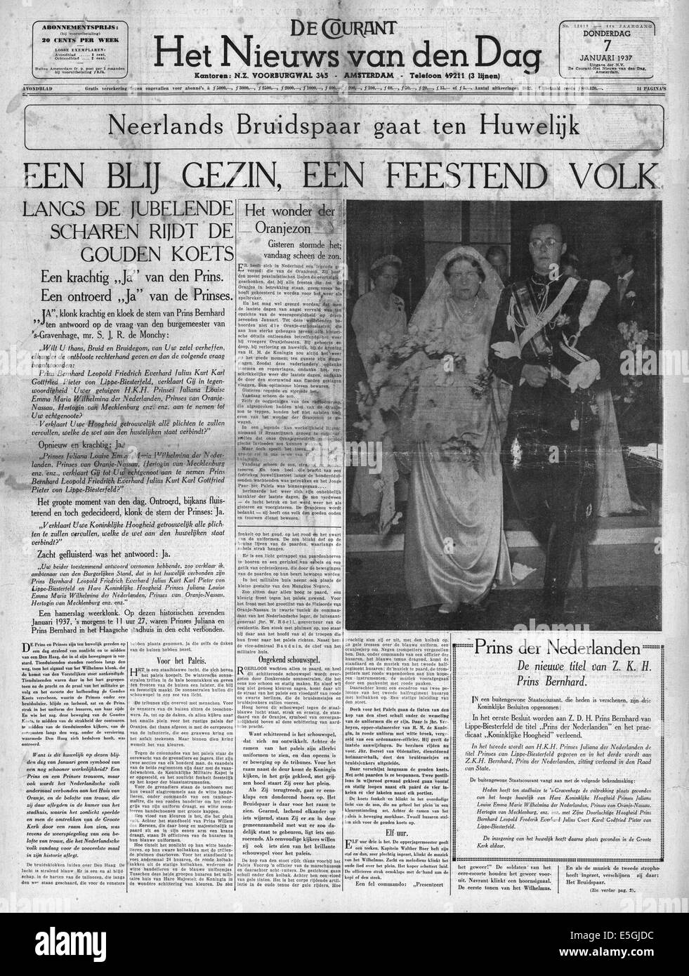 1937 De Courant (Holland) front page reporting the wedding of Princess Juliana of The Netherlands and Prince Bernhard in The Hague, The Netherlands Stock Photo