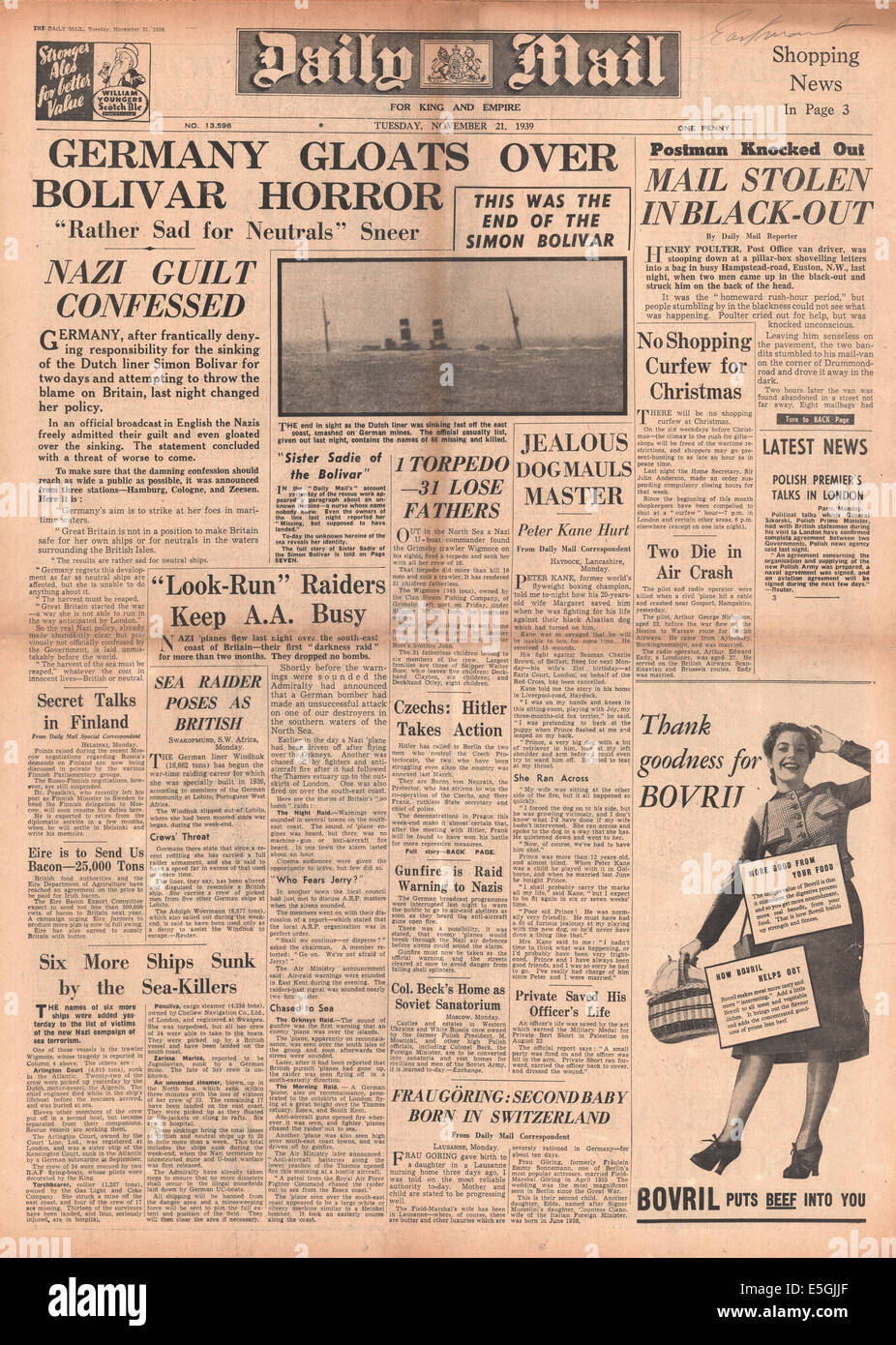 1939 Daily Mail front page showing the Dutch liner Simon Bolivar sinking after hitting a German mine Stock Photo