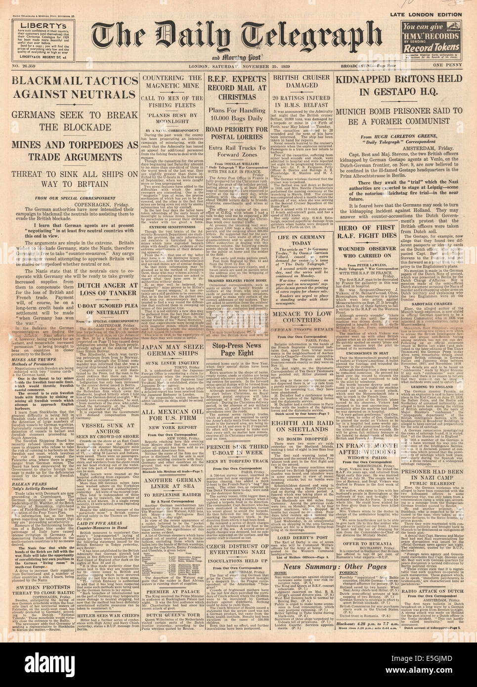 1939 Daily Telegraph front page reporting the Gestapo hold SIS 