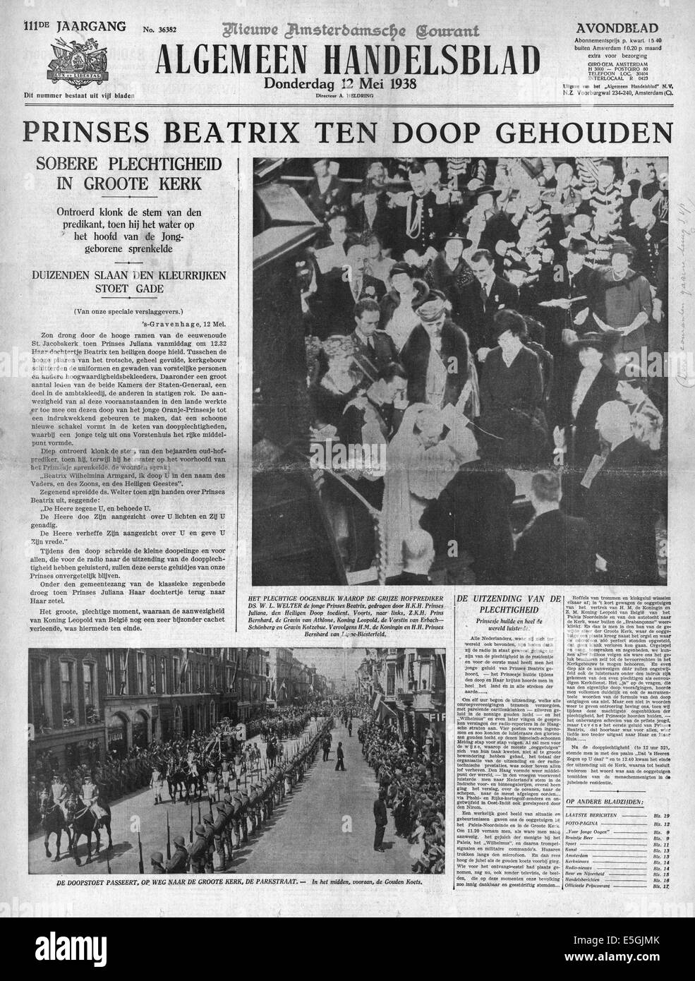 1938 Algemeen Handelsblad (Holland) front page reporting Princess Beatrix of The Netherlands baptised Stock Photo