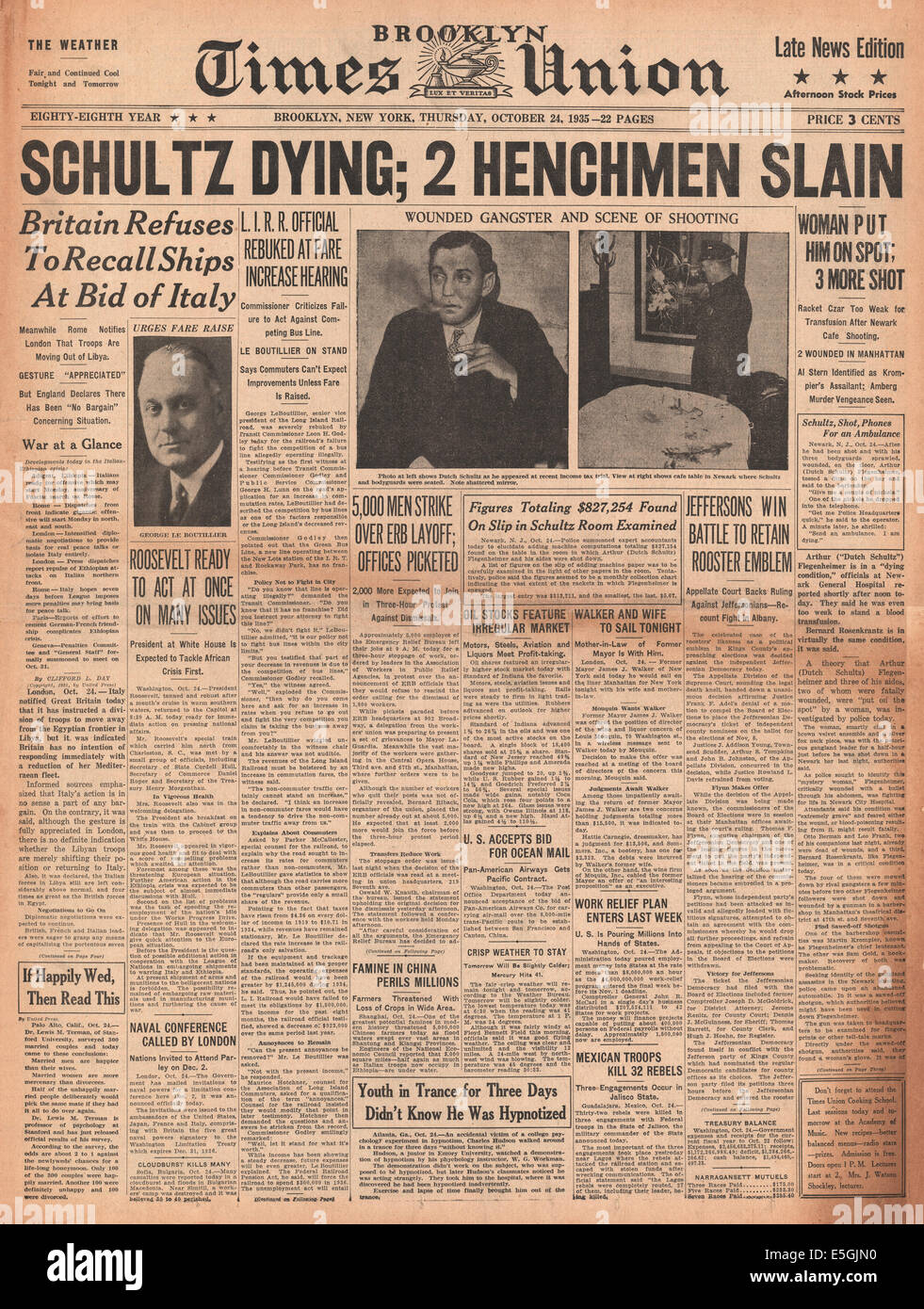 1935 Brooklyn Times Union (USA) front page reporting the death of