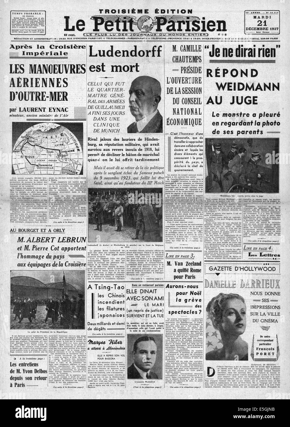 1937 Le Petit Parisien (France)  front page reporting the death of Erich Ludendorff Stock Photo