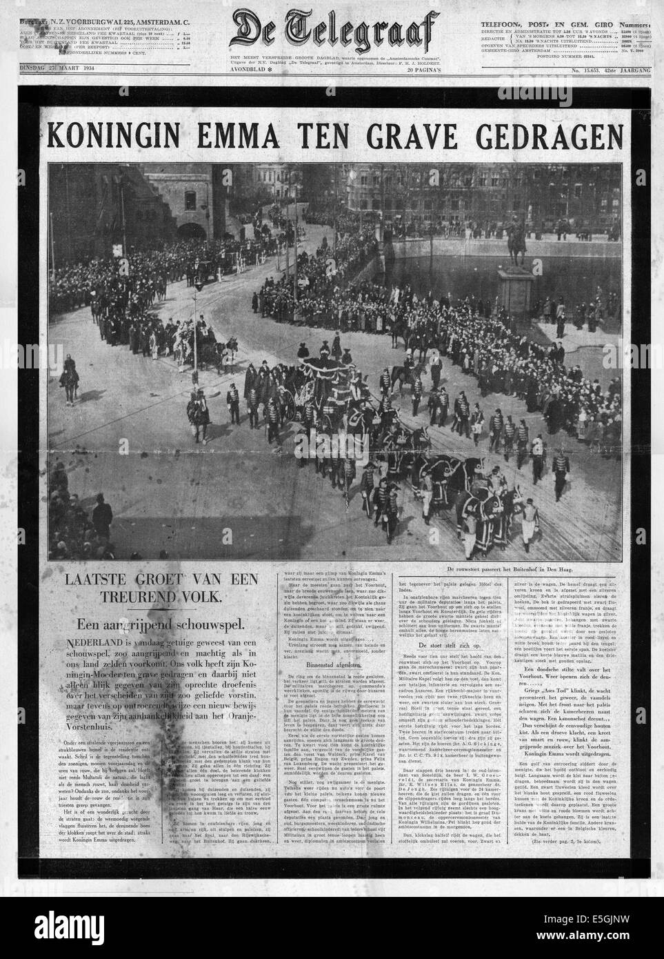 1934 De Telegraaf (Holland) front page reporting the funeral of Queen Emma of The Netherlands Stock Photo