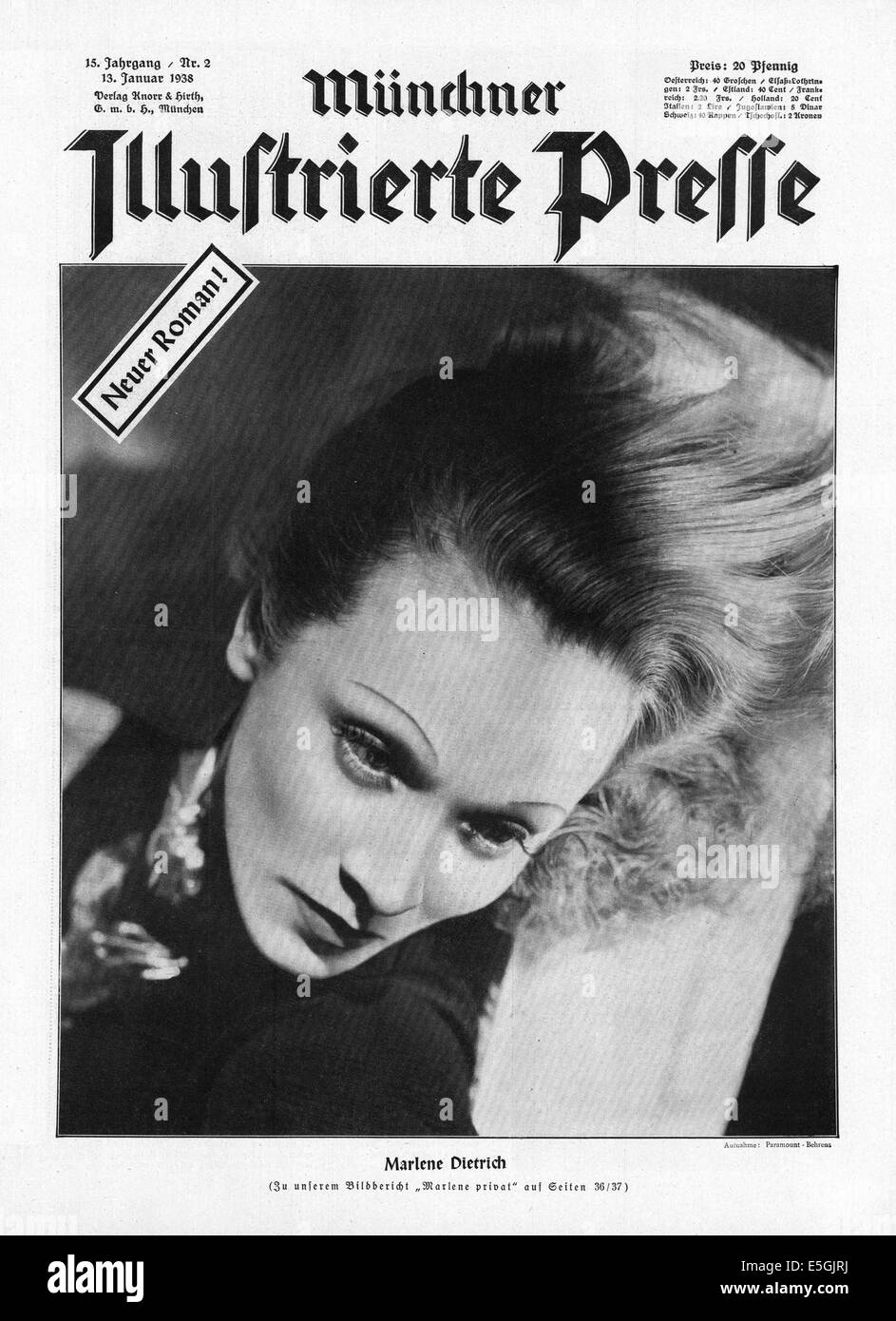 1938 Münchner Illustrierte Presse (Germany) front cover photo of German actress Marlene Dietrich Stock Photo