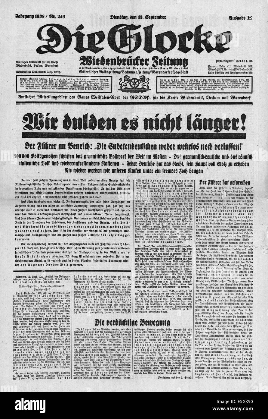 Die Glocke (Germany) front page reporting Adolf Hitler's speech on the  Sudetenland calling on Czech leader Edvard Beneš that the Sudetenland  situation will no longer be tolerated Stock Photo - Alamy