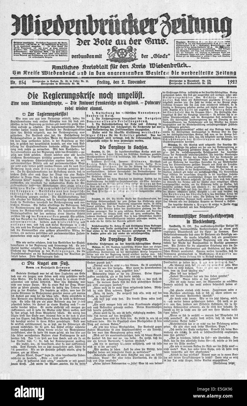 Wiedenbrucke Zeitung (Germany) front page headline 'Government crisis still unresolved' leading to the Munich Putsch by Adolf Hitler and the National Socialists Stock Photo