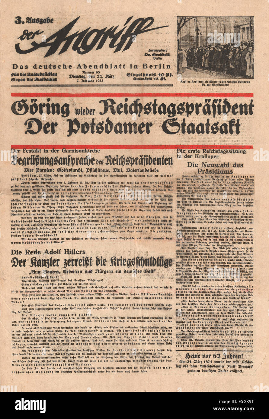 Der Angriff (Berlin, Germany) front page reporting Hermann Göring named as Reichstag President Stock Photo