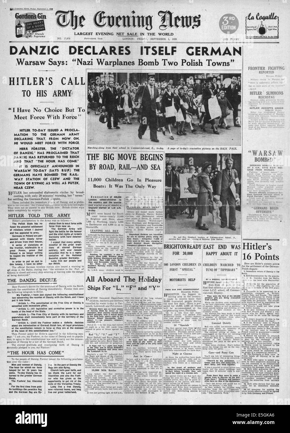 1939  Evening News (London) front page reporting Danzig declares itself German during the invasion of Poland Stock Photo