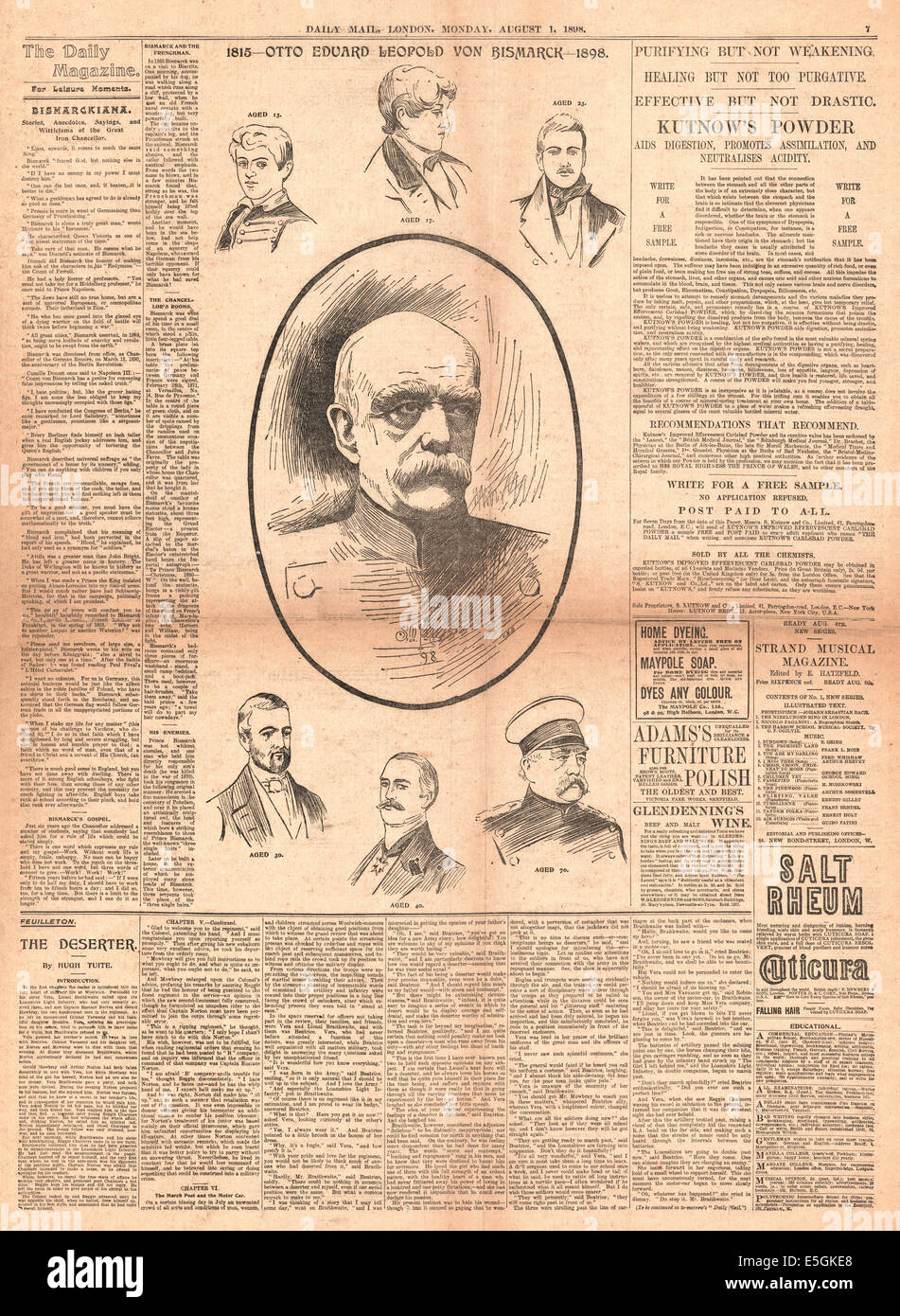 1898 Daily Mail page 7 reporting the death of former German chancellor Otto von Bismarck Stock Photo