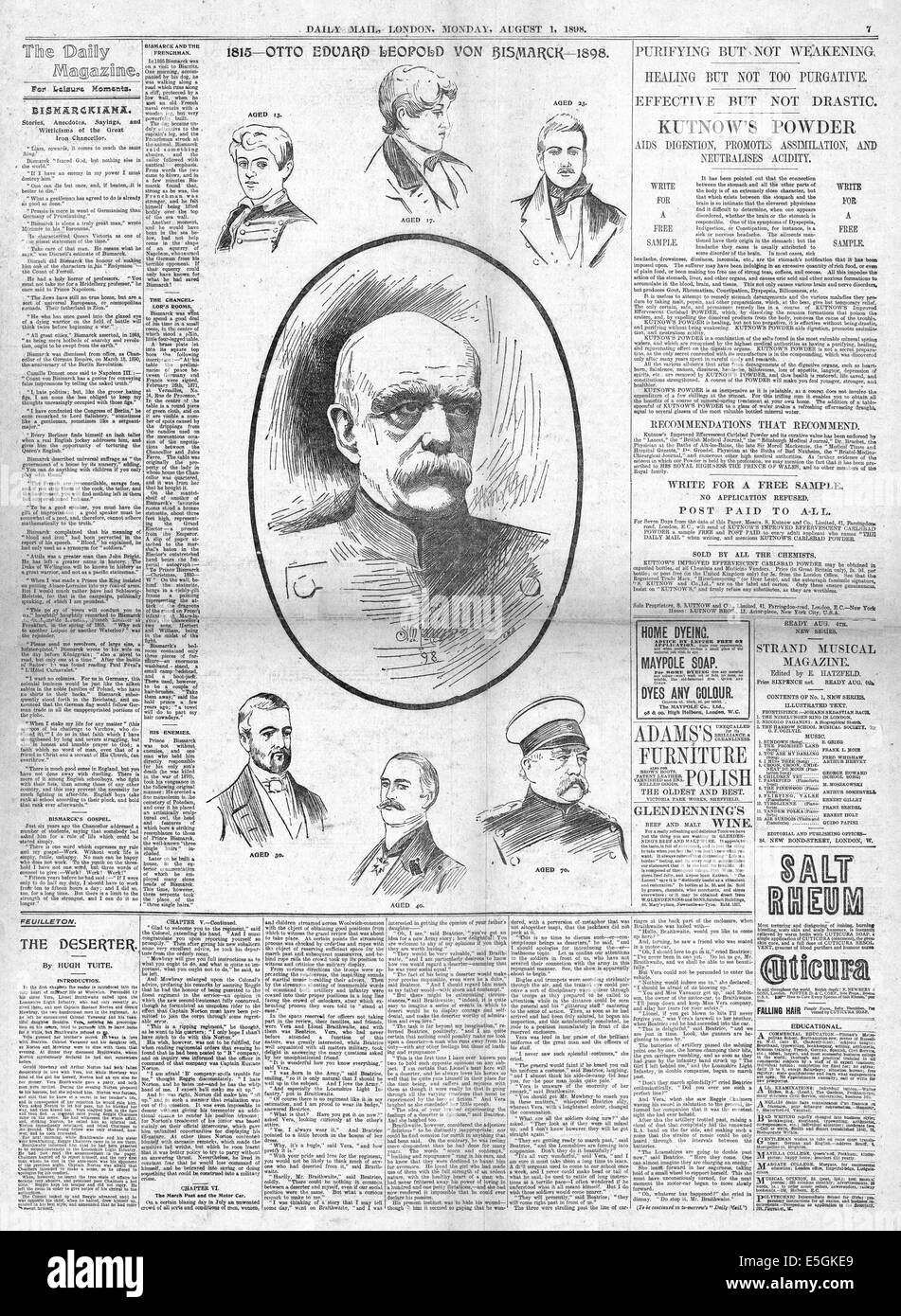 1898 Daily Mail page 7 reporting the death of former German chancellor Otto von Bismarck Stock Photo