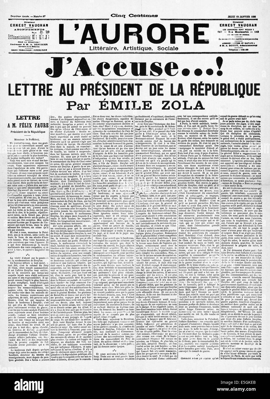 1896 L'aurore (France) front page reporting Emile Zola's letter to the President 'J'accuse..' I Accuse, Letter to the President of the Republic' relating to the Dreyfus affair Stock Photo