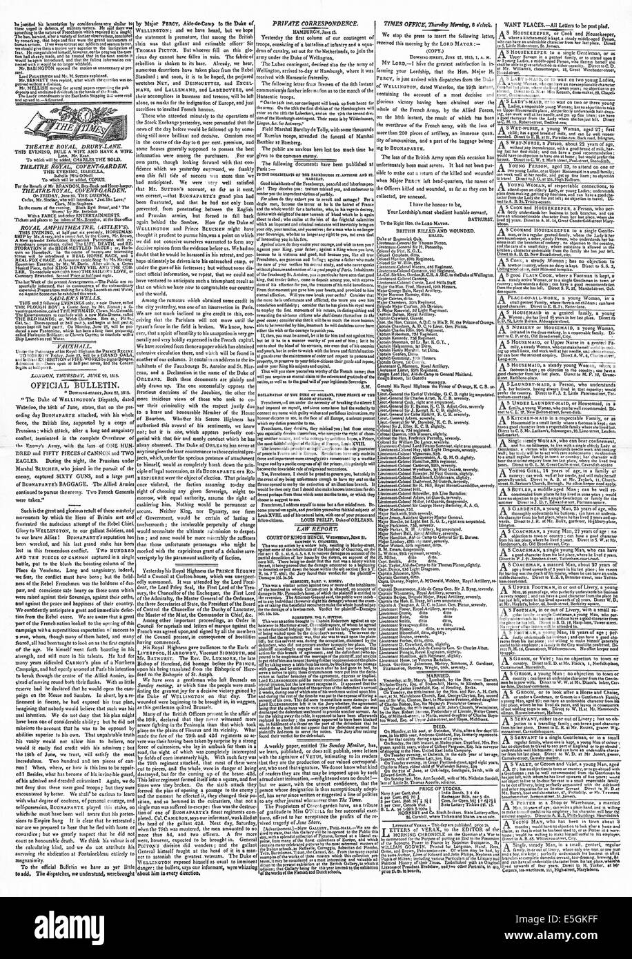 1815 The Times page 3 reporting the success of the British Army of the ...