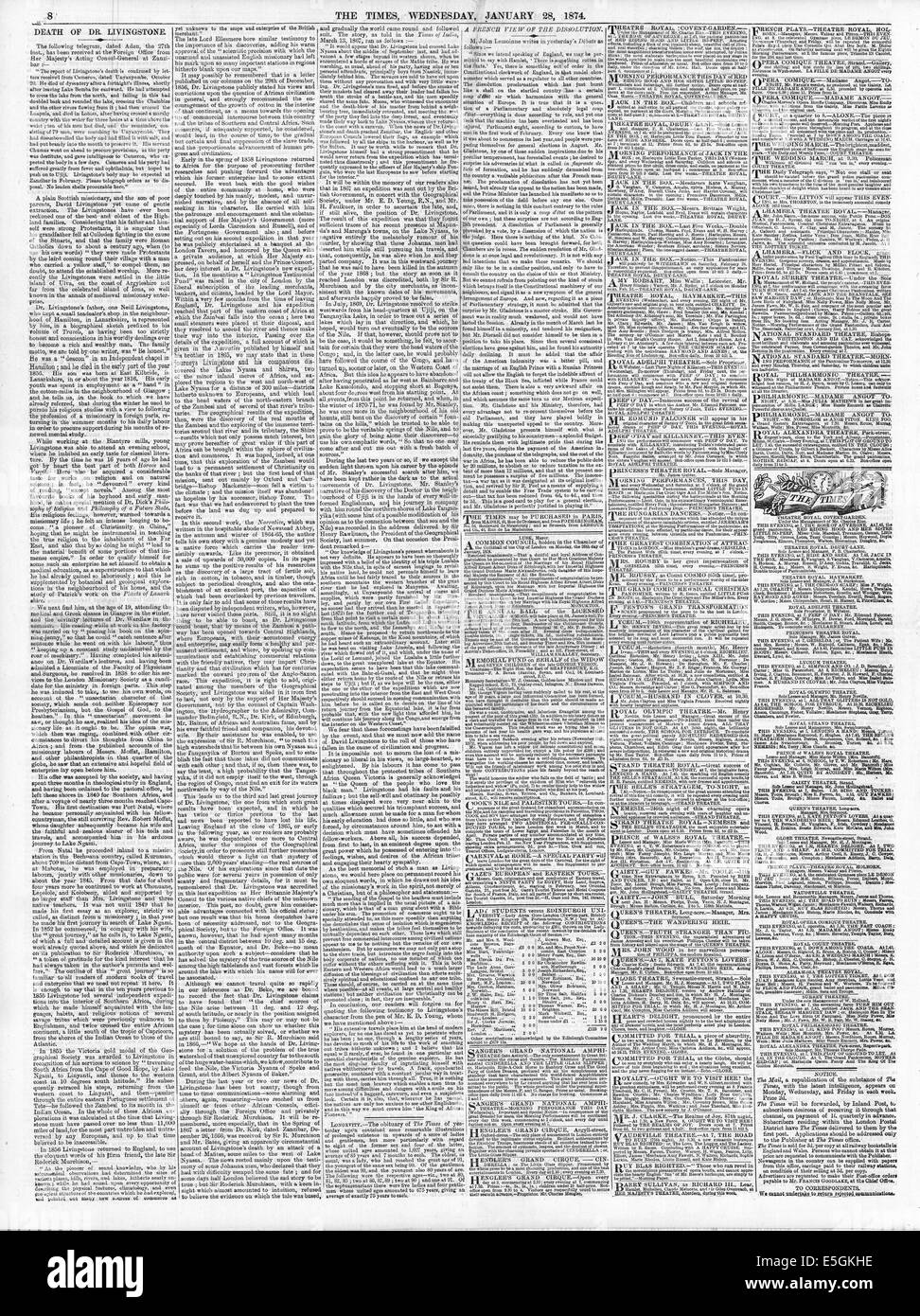 1874 The Times page 8 Death of Dr Livingstone Stock Photo