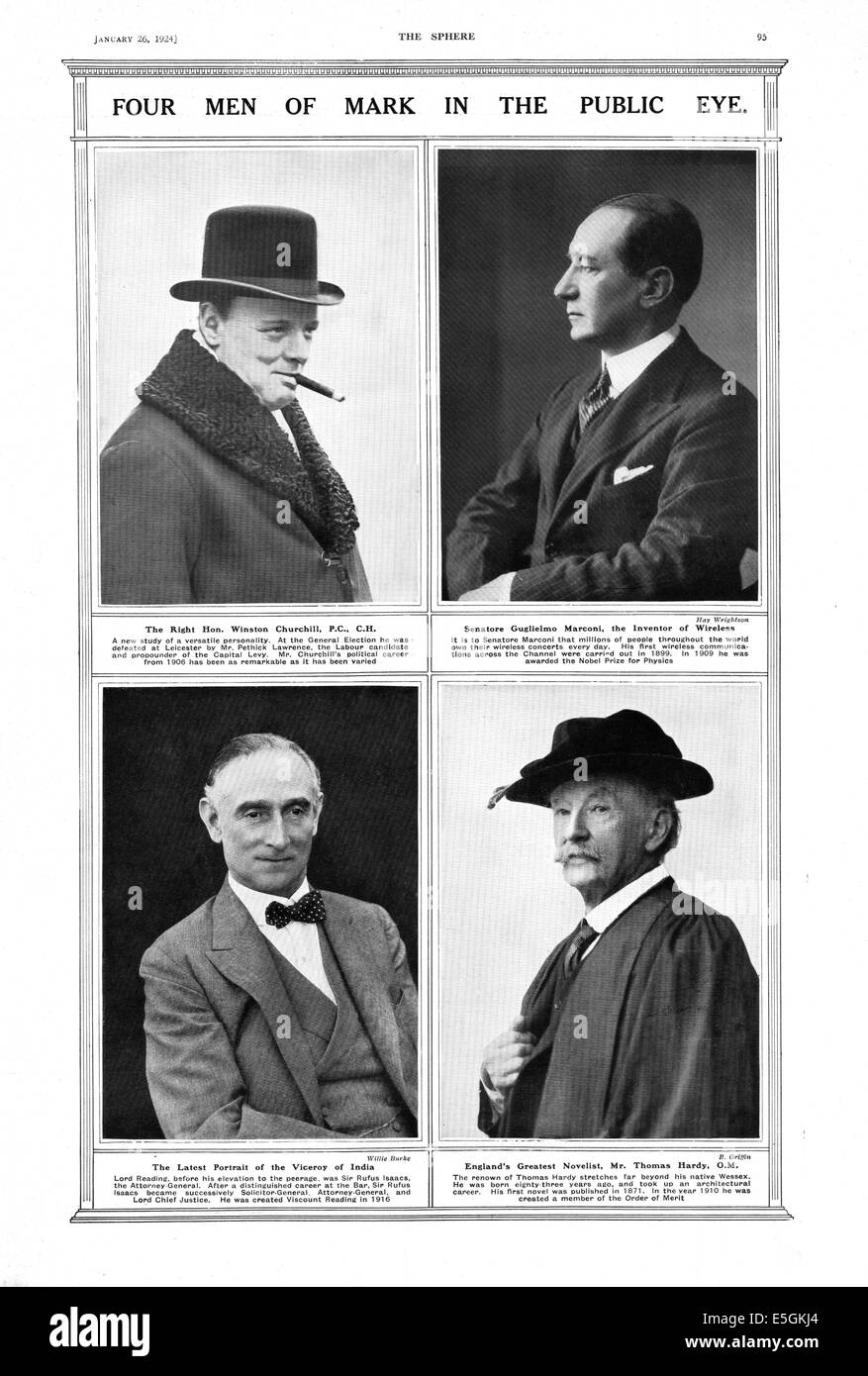 1924 The Sphere photo's of Chuchill, Marconi, Rufus Isaacs and Thomas Hardy Stock Photo