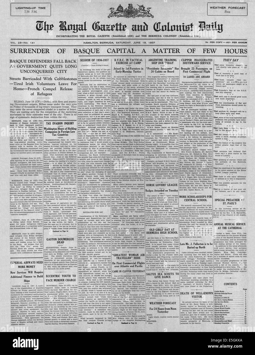 1937 The Royal Gazette and Colonist Daily (Bermuda) front page reporting the surrender of Bilbao to Franco's Nationalist Army during the Spanish Civil War Stock Photo