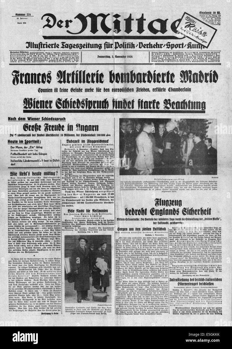 1938 Der Mittag (Germany) front page reporting General Franco's artillery bombards Madrid during the Spanish Civil War Stock Photo