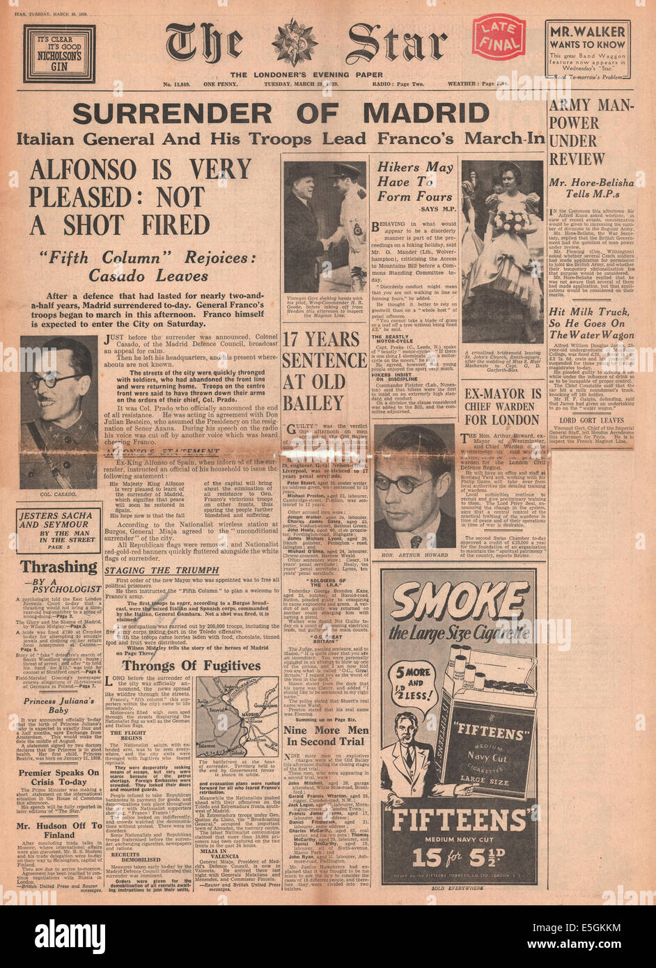 1939 The Star (London) ) front page reporting the surrender of Madrid during the Spanish Civil War Stock Photo