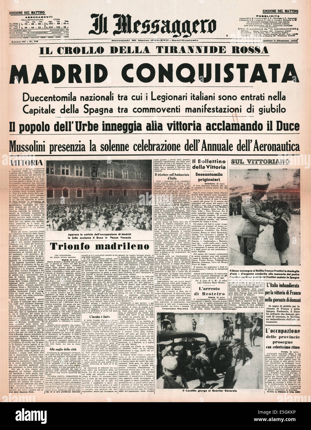 1939 Il Messaggero (Italy) front page reporting the surrender of Madrid during the Spanish Civil War Stock Photo