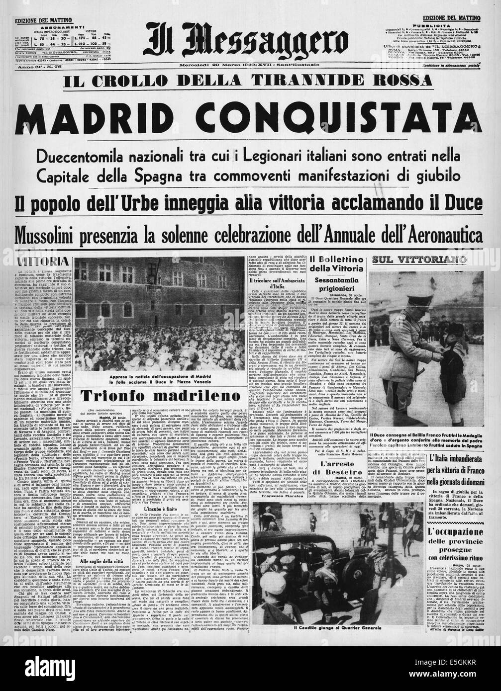 1939 Il Messaggero (Italy) front page reporting the surrender of Madrid during the Spanish Civil War Stock Photo