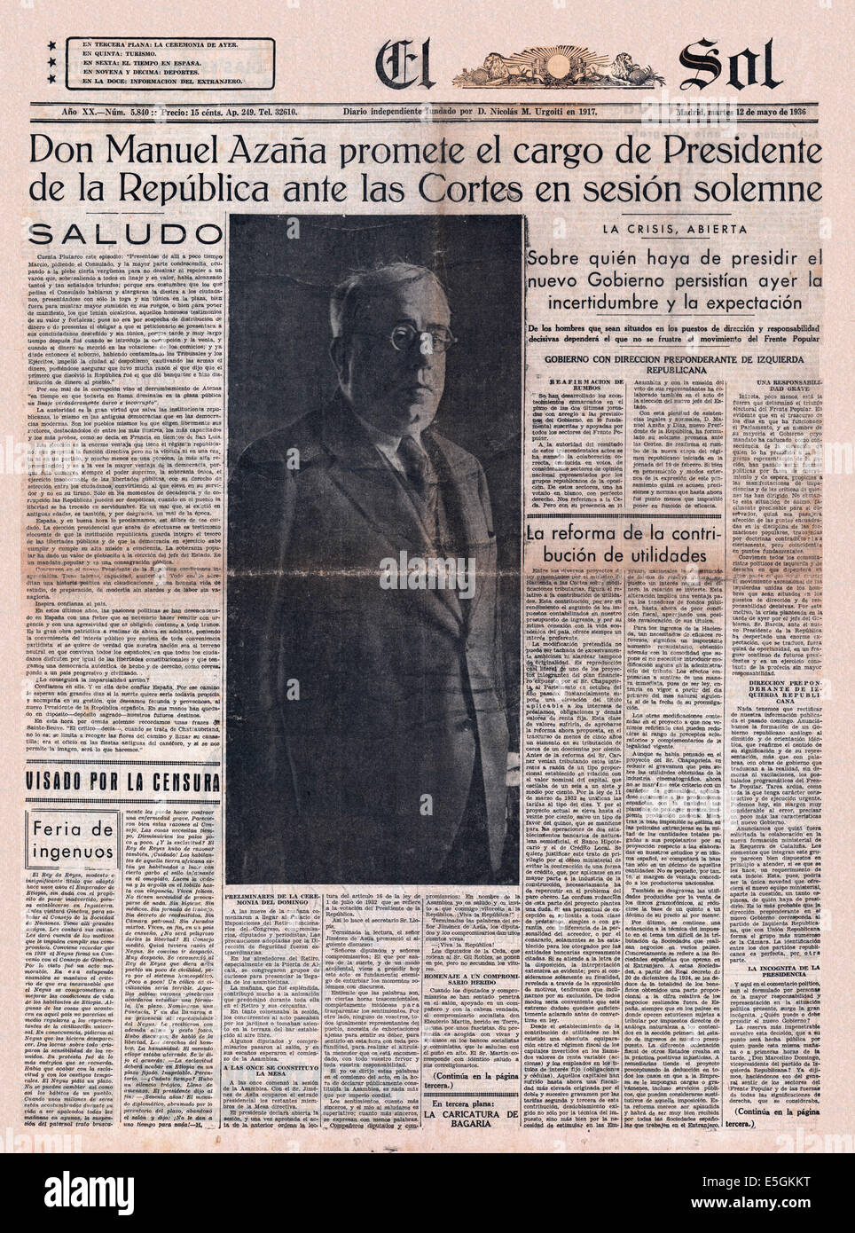 1936 El Sol (Spain) front page reporting Manuel Azaña newly elected President of Spain Stock Photo