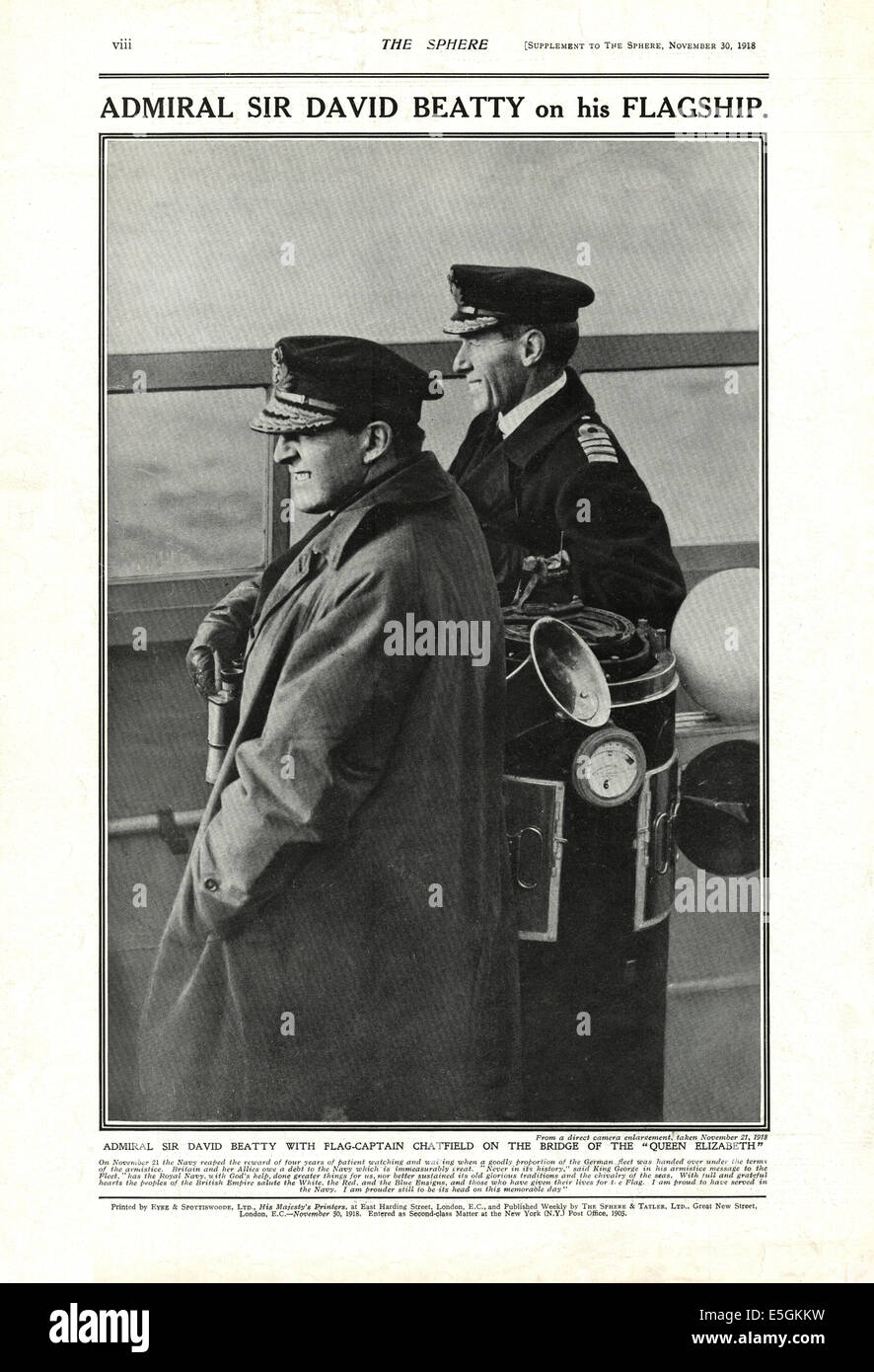 1918 The Sphere magazine photograph of Admiral Sir David Beatty on board HMS Queen Elizabeth Stock Photo