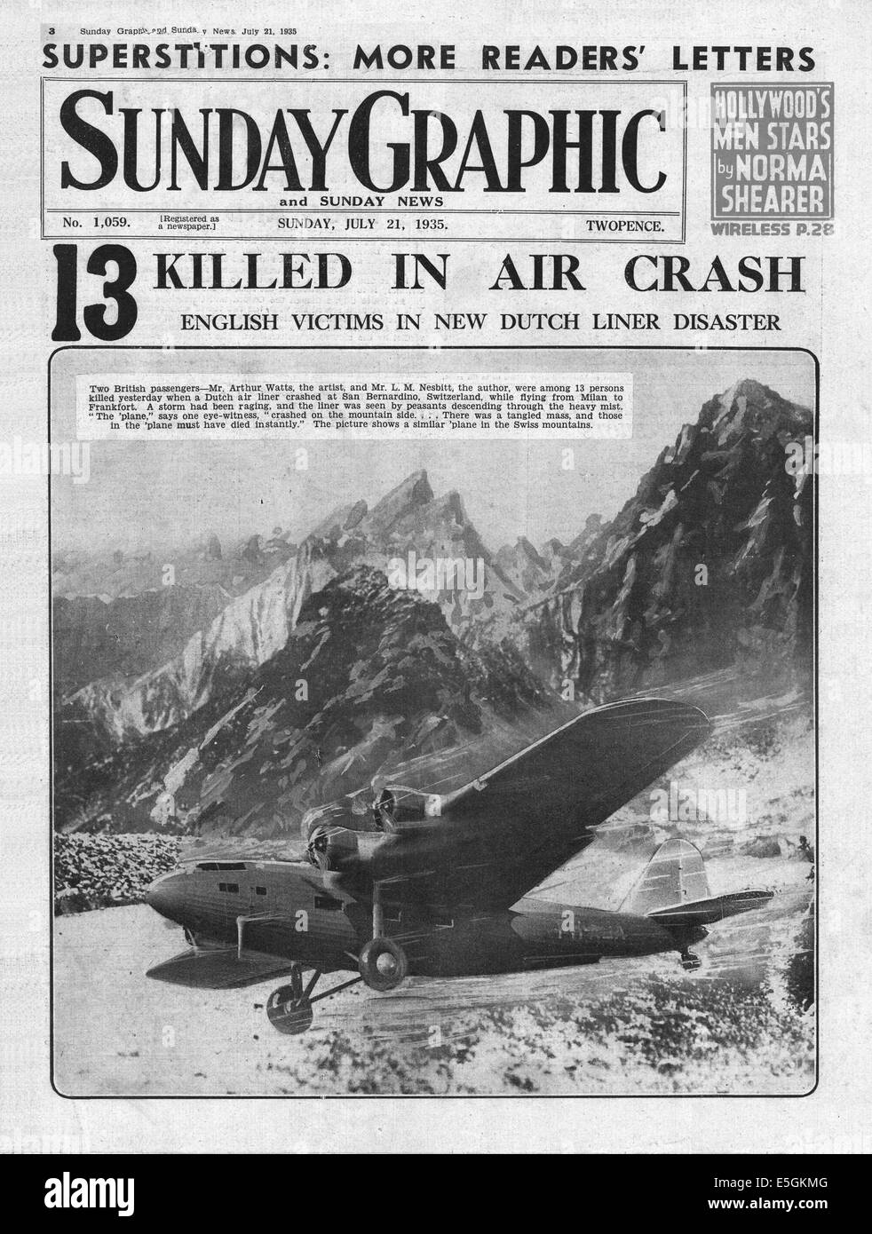 1935 Sunday Graphic front page reporting KLM Dutch airliner crashes in Switzerland Stock Photo