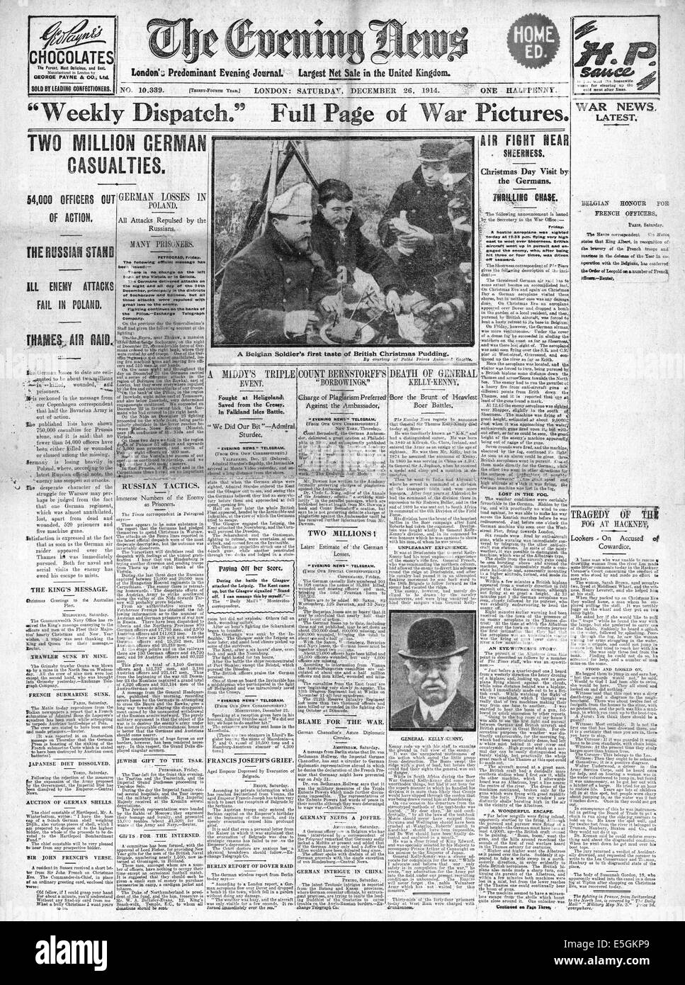 1914 Evening News (London) front page reporting German casualties Stock Photo