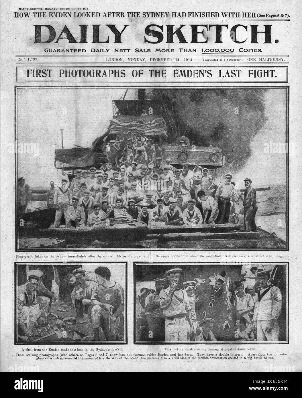 1914 Daily Sketch front page showing crew members of HMAS Sydney which forced the German Dresden-class cruiser SMS Emden to run aground off the Cocos Islands Stock Photo