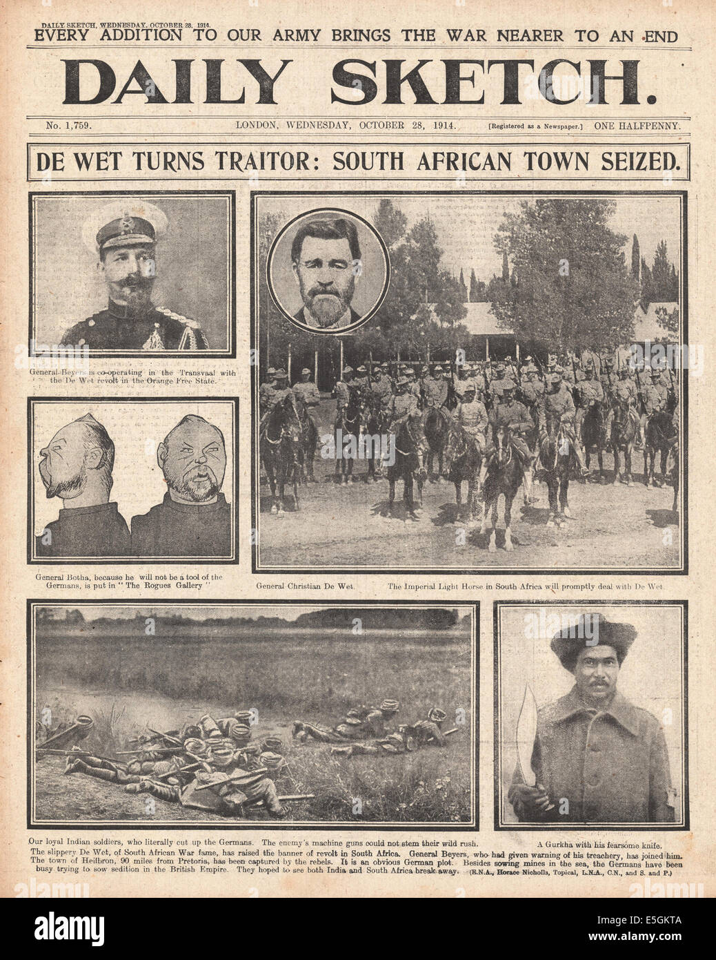 1914 Daily Sketch front page reporting the revolt in South Africa by Boer General Christaan de Wet against British rule Stock Photo