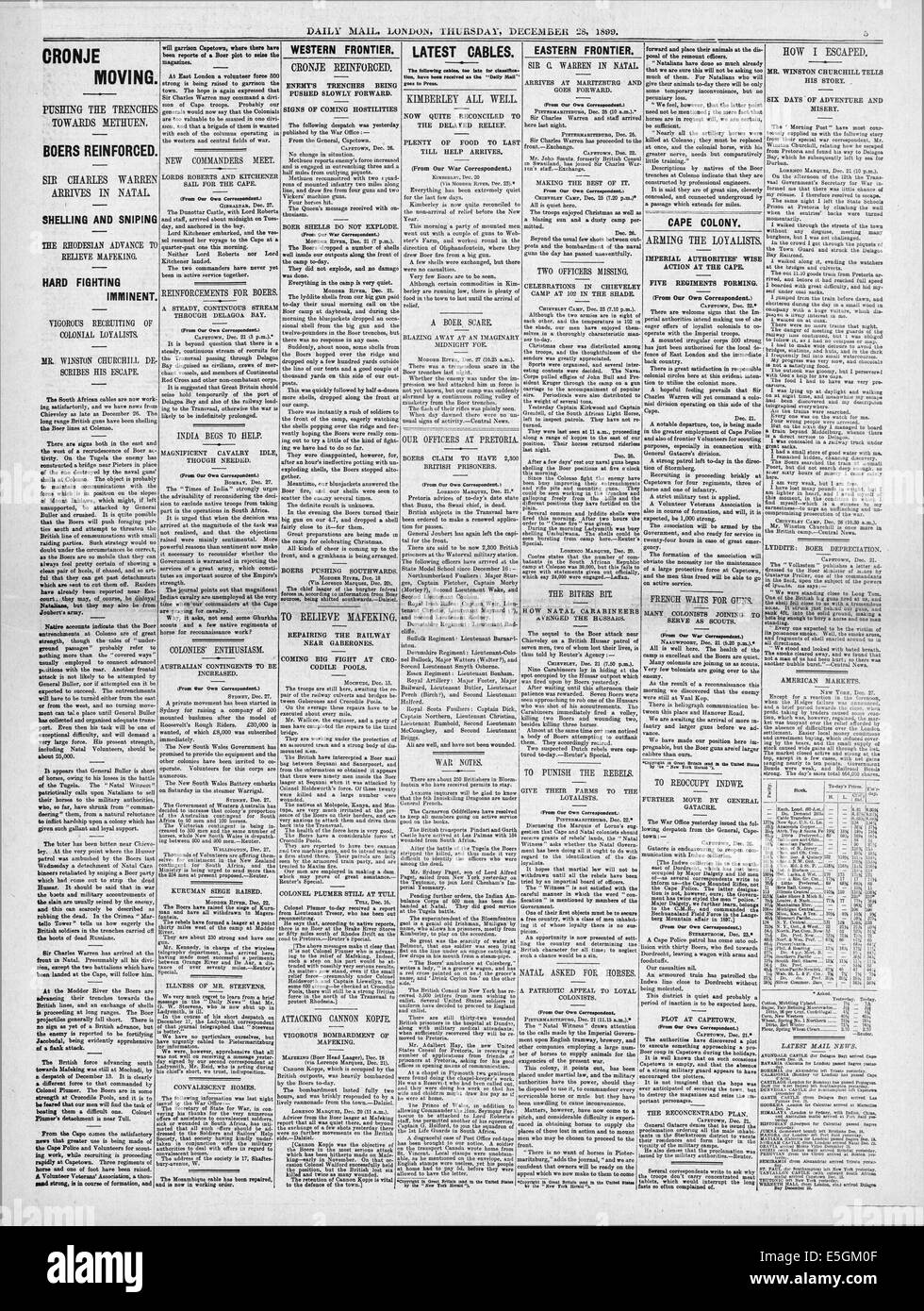 1899 Daily Mail page 5 reporting Boer War news and capture of Morning Post journalist Winston Churchill Stock Photo