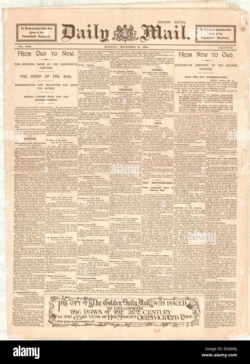 1900 Daily Mail Golden edition welcoming in the 20th Century Stock