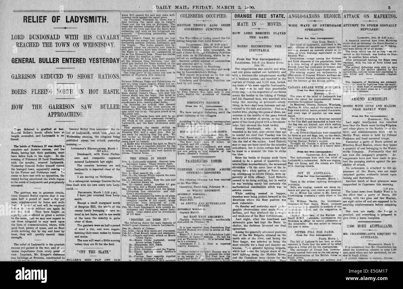 1900 Daily Mail front page reporting Relief of Ladysmith during Boer