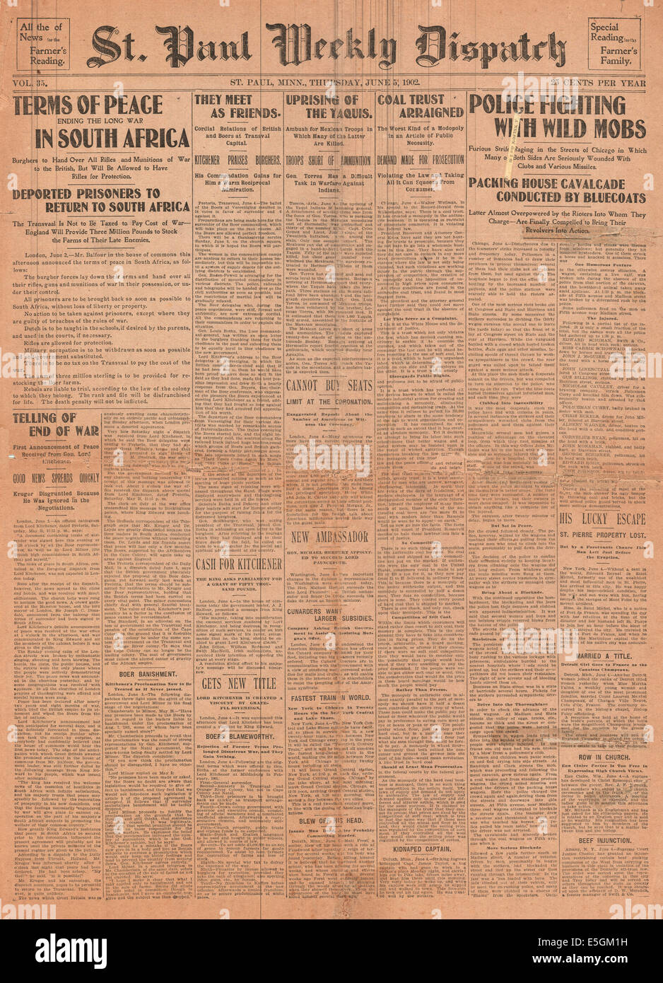 1902 St Paul Weekly Dispatch front page reporting Peace and the end of the Boer War Stock Photo