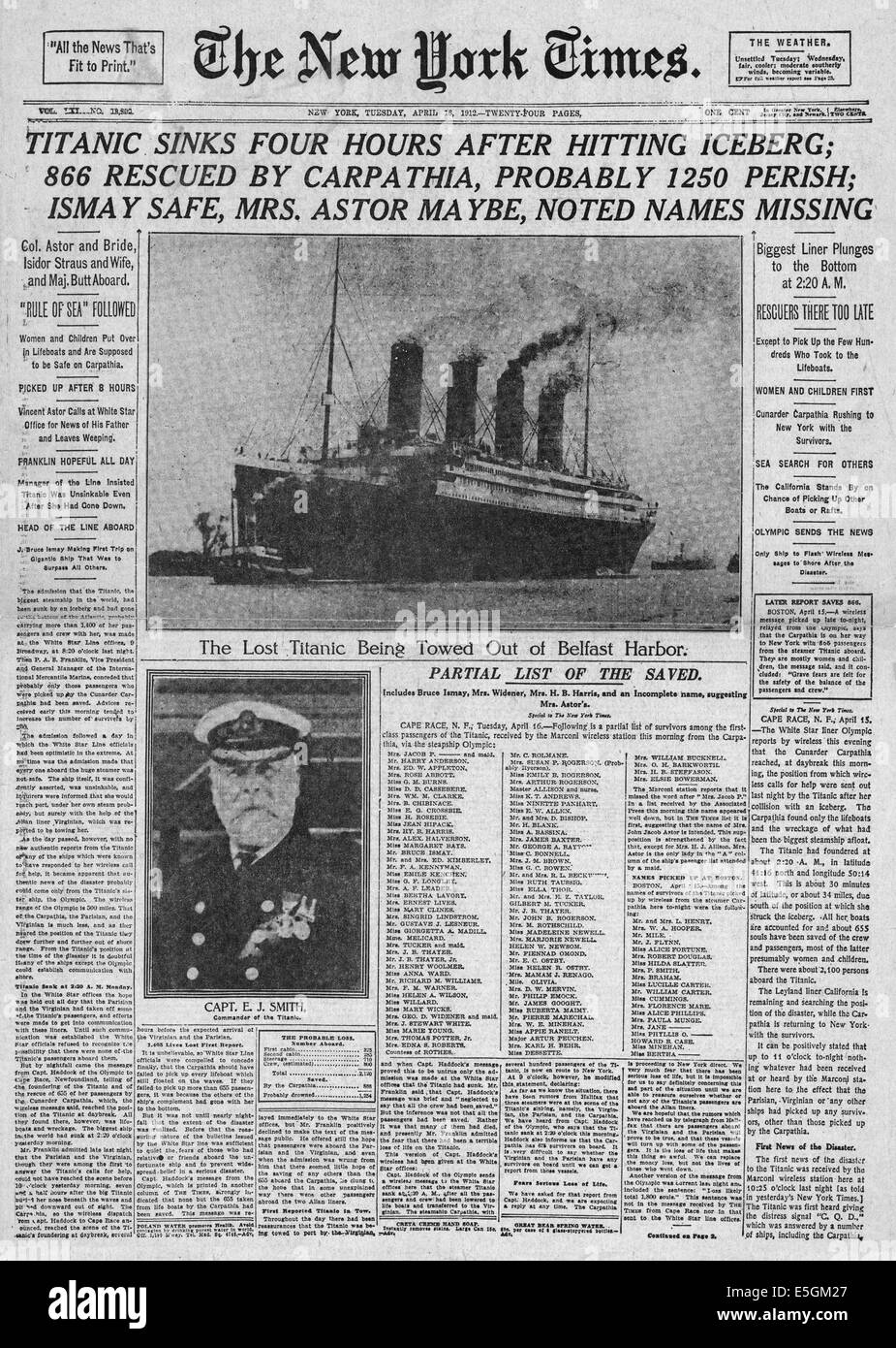 1912 The New York Times (USA) front page reporting the sinking of White  Star liner Titanic Stock Photo - Alamy