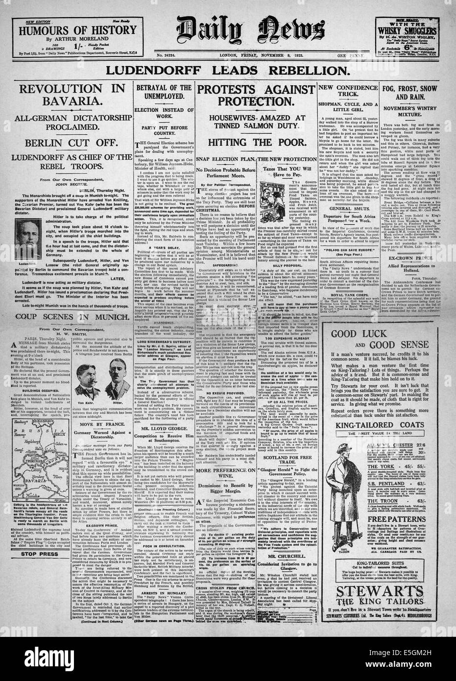 1923 Daily News front page reporting the Munich Putsch by Adolf Hitler's National Socialist against the government of Bavaria Stock Photo